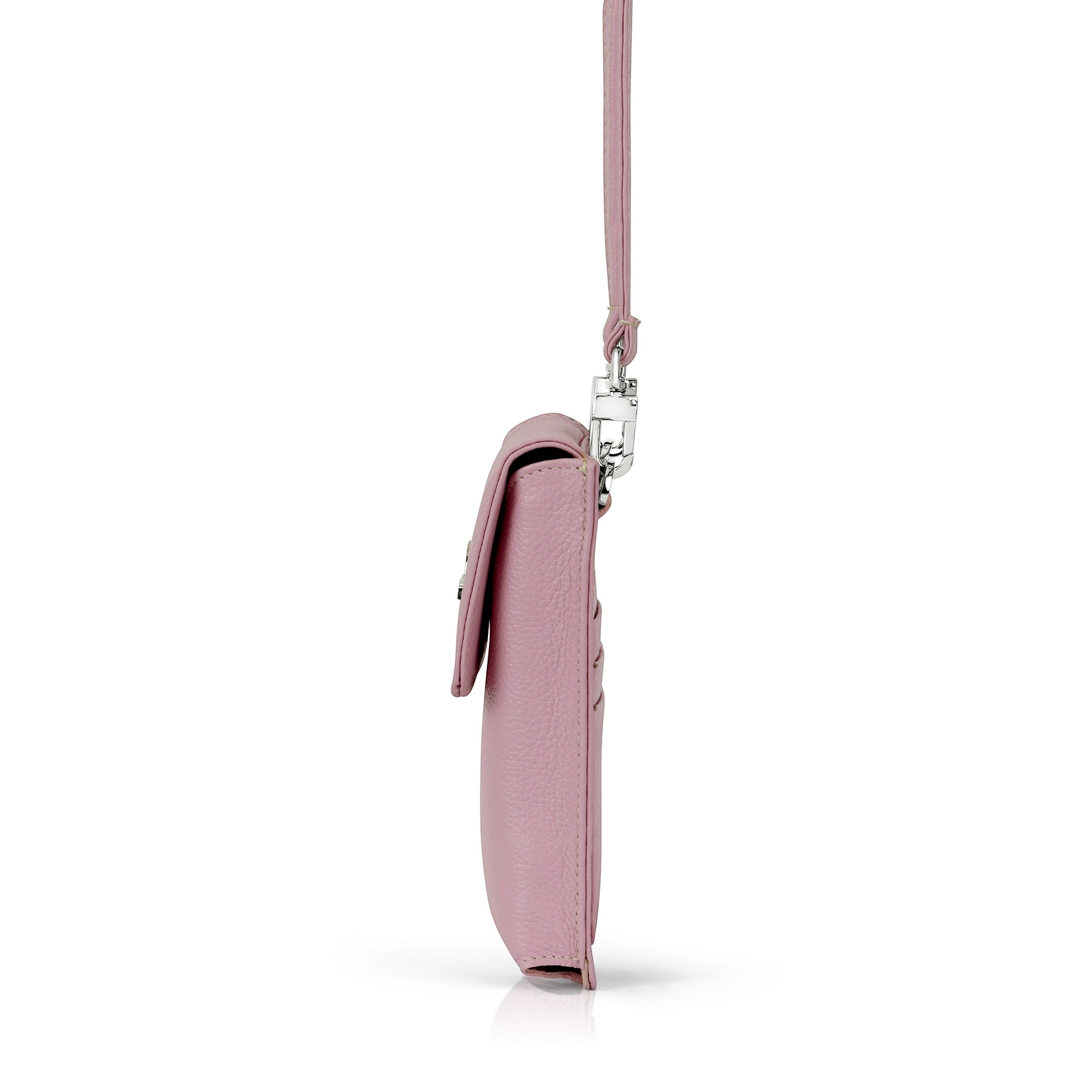 Luis Steven pink pebble leather smartphone pouch with flap closure, adjustable strap, and card slots.