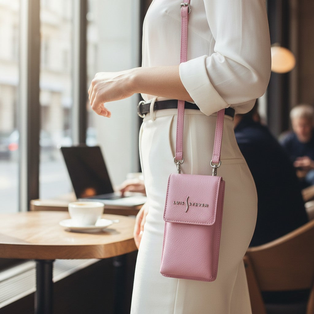 Luis Steven pink pebble leather smartphone pouch with flap closure, adjustable strap, and card slots.