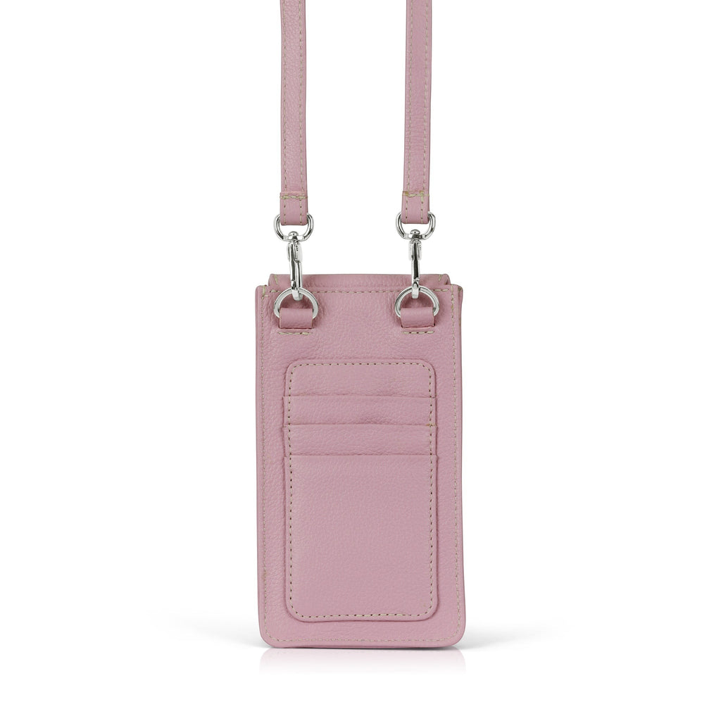Luis Steven pink pebble leather smartphone pouch with flap closure, adjustable crossbody strap, and 3 card slots.