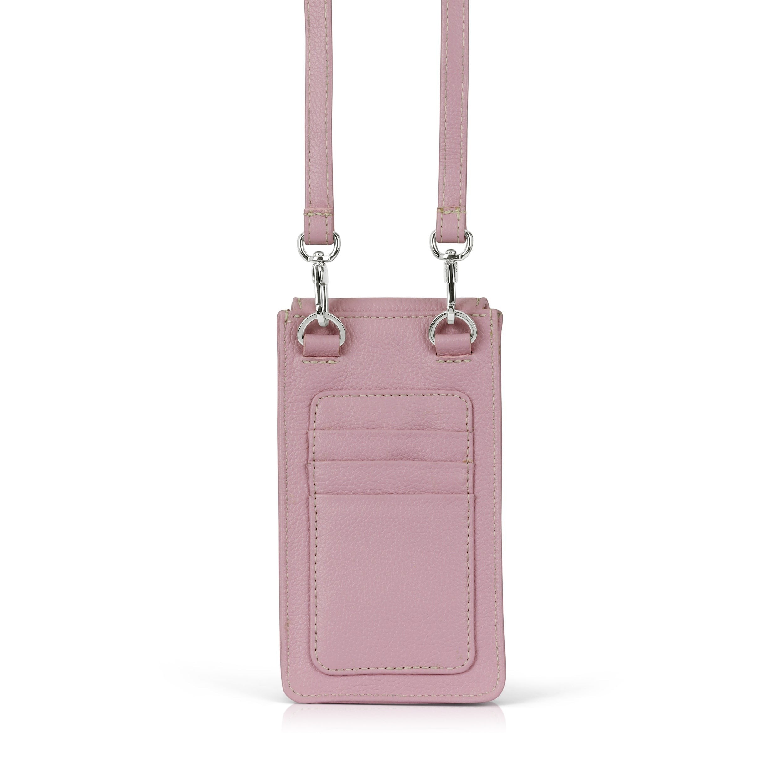 Luis Steven pink pebble leather smartphone pouch with flap closure, adjustable crossbody strap, and 3 card slots.