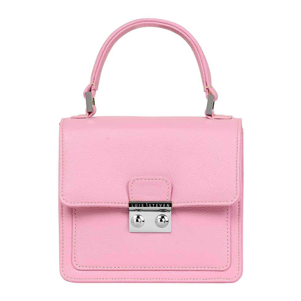Luis Steven pink pebble leather small top handle bag with silver lock and detachable crossbody strap.