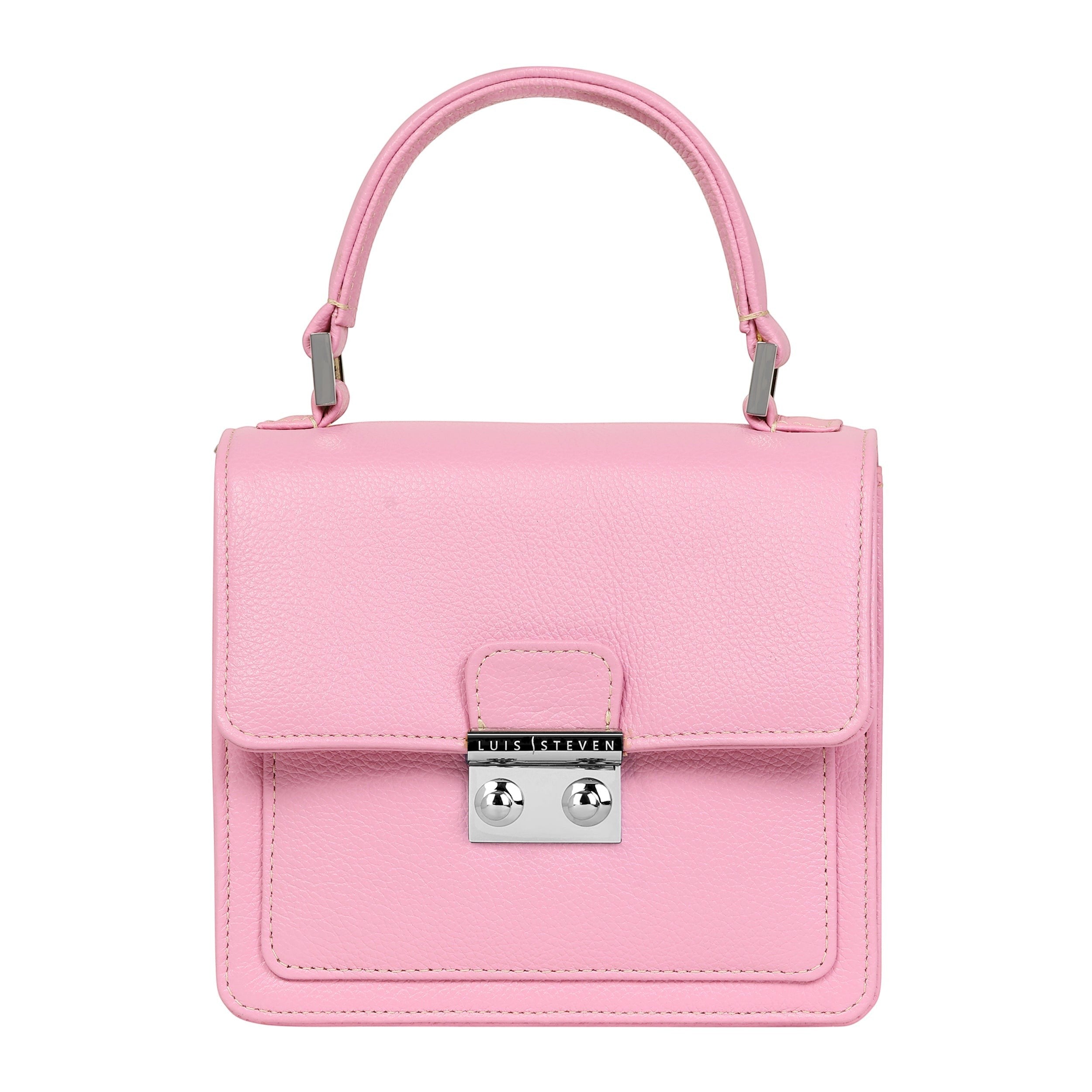 Luis Steven pink pebble leather small top handle bag with silver lock and detachable crossbody strap.