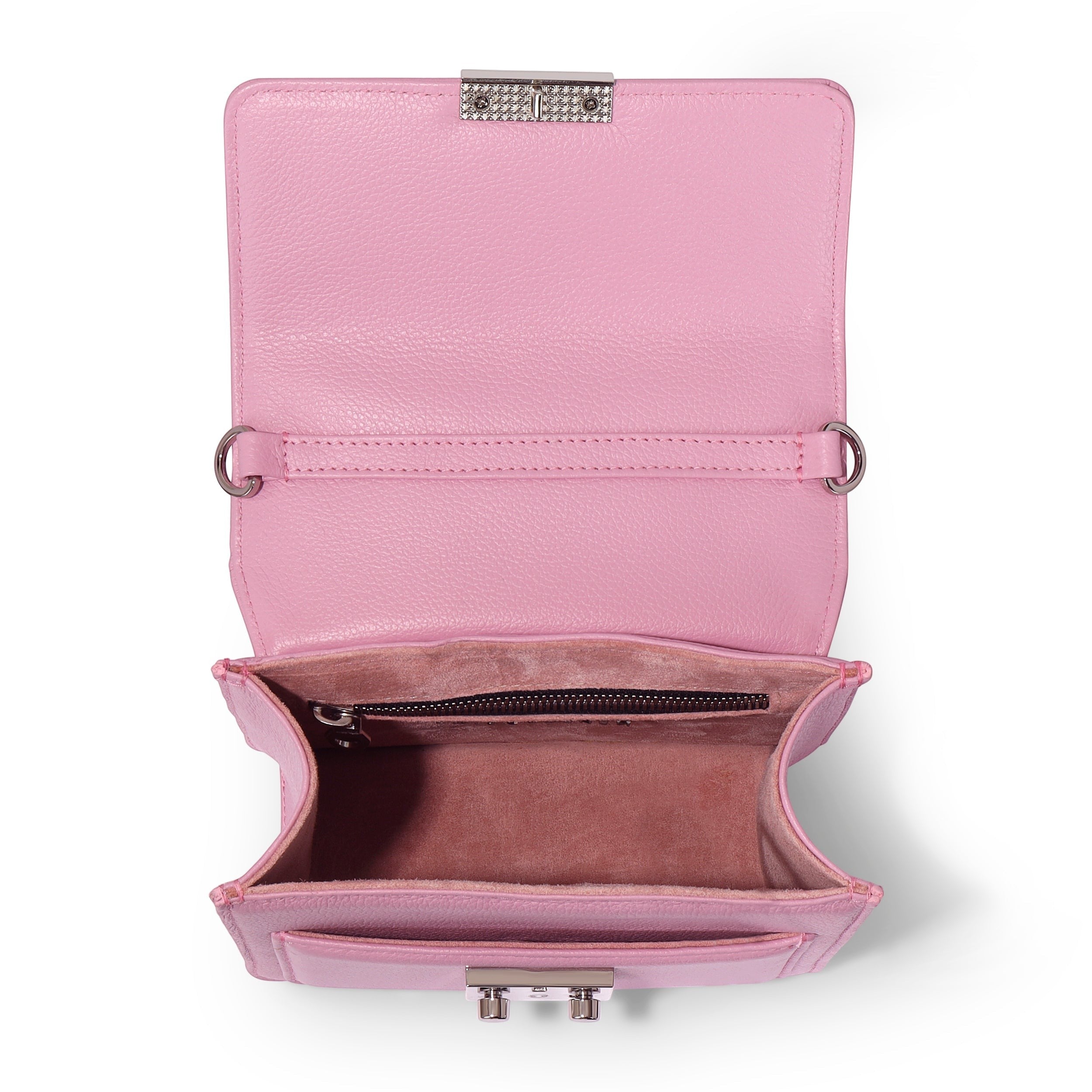 Luis Steven pink pebble leather small top handle bag with silver lock and interior zip pocket. Detachable crossbody strap.
