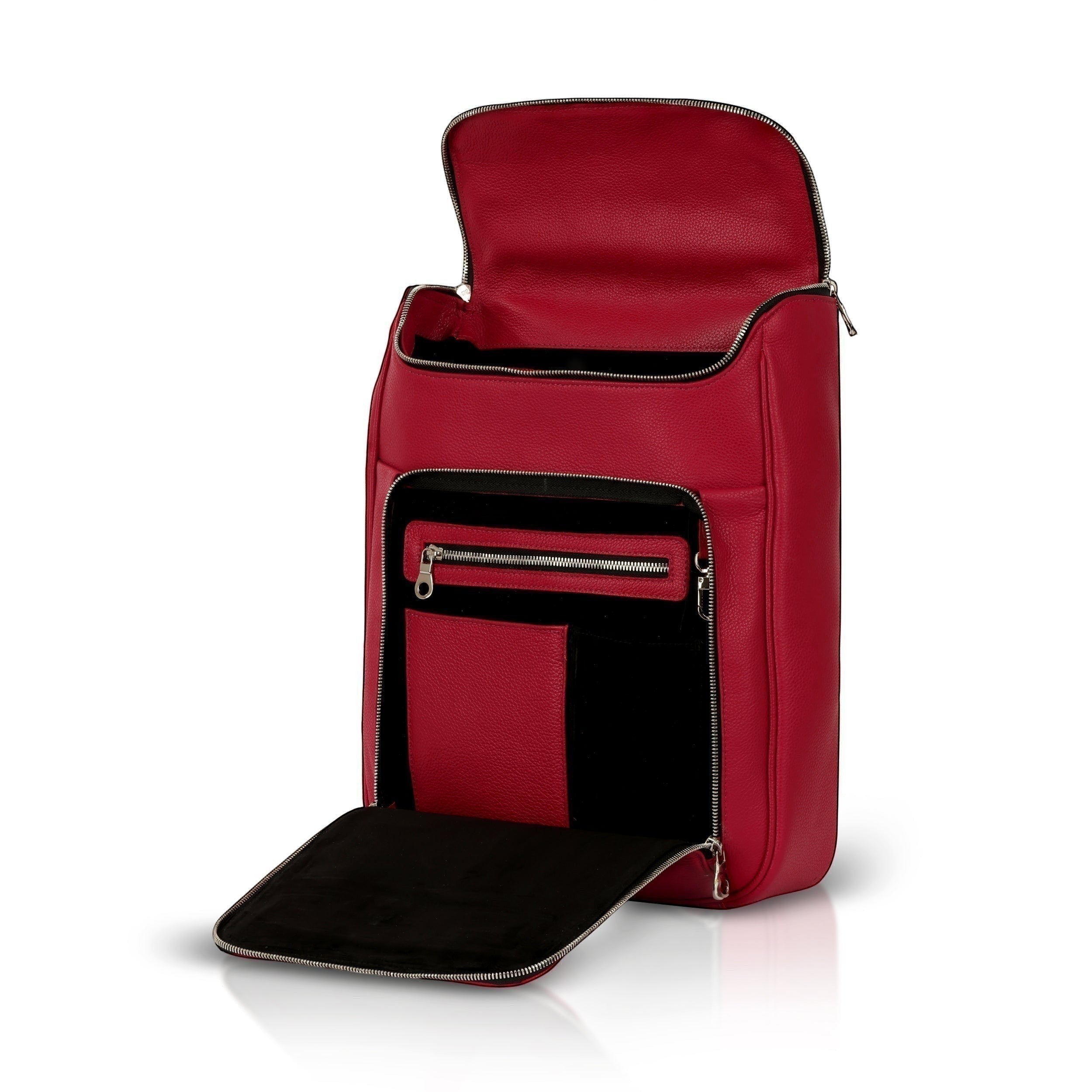Luis Steven red pebble leather laptop backpack with interior laptop sleeve and organizer pockets. Fits up to 14.5" laptops.