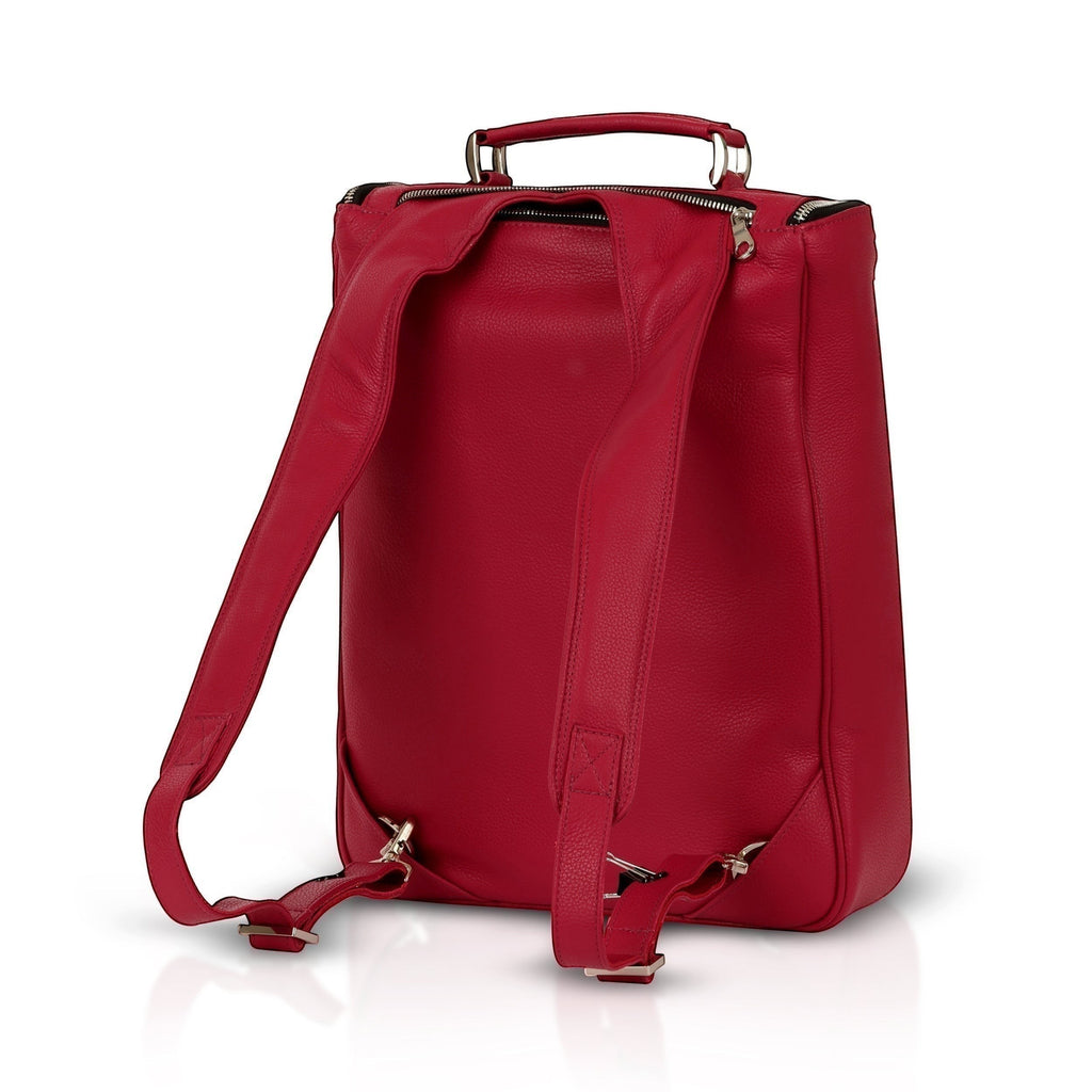Luis Steven red pebble leather medium laptop backpack with concealable straps and top handle. Fits up to 16" laptops.