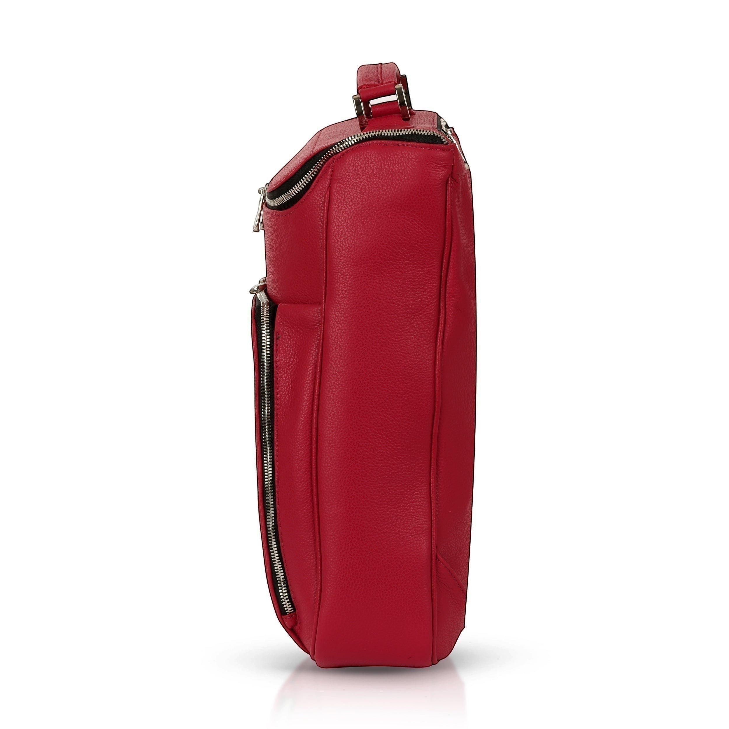 Luis Steven red pebble leather laptop backpack with top handle and zip pockets. Fits laptops up to 14.5".