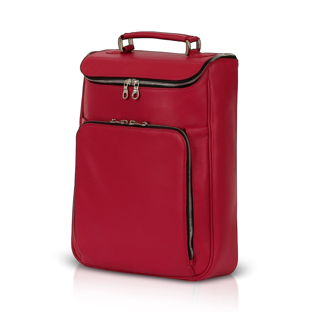 Luis Steven red pebble leather backpack with top handle, zip pockets, and concealable straps. Fits laptops up to 14.5".