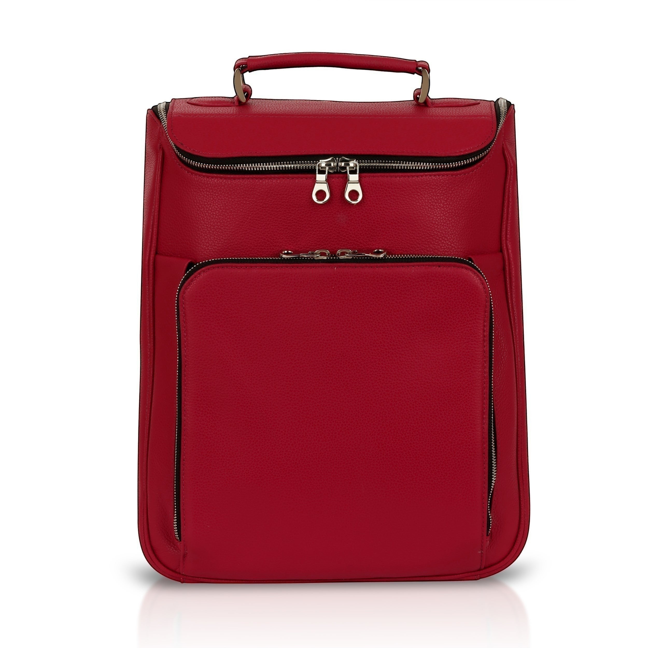 Luis Steven red pebble leather laptop backpack with top handle and front zip pocket. Fits up to 14.5" laptops.