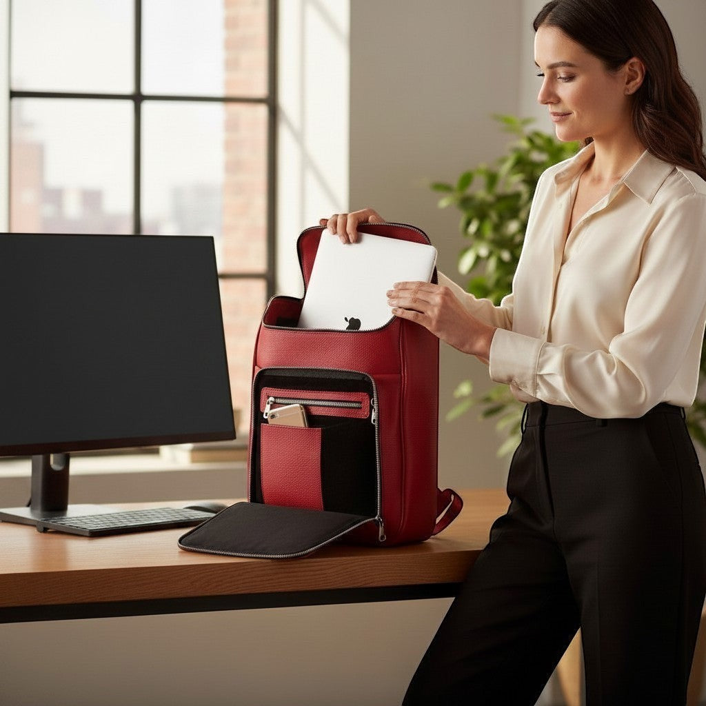 Luis Steven red pebble leather laptop backpack with interior laptop sleeve and organizer pockets. Woman placing laptop inside.