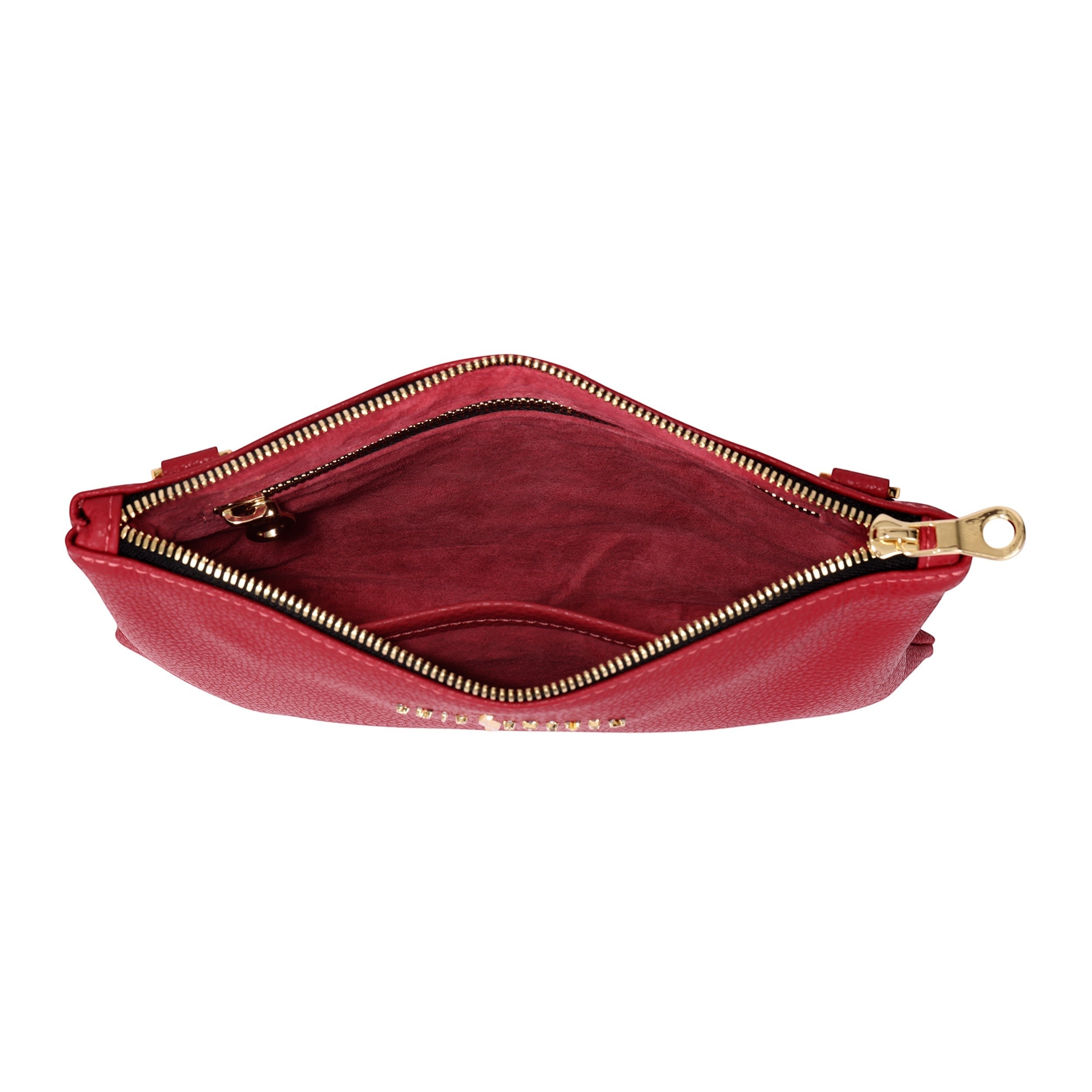 Luis Steven red Italian pebble leather crossbody pouch with gold zipper and suede interior lining
