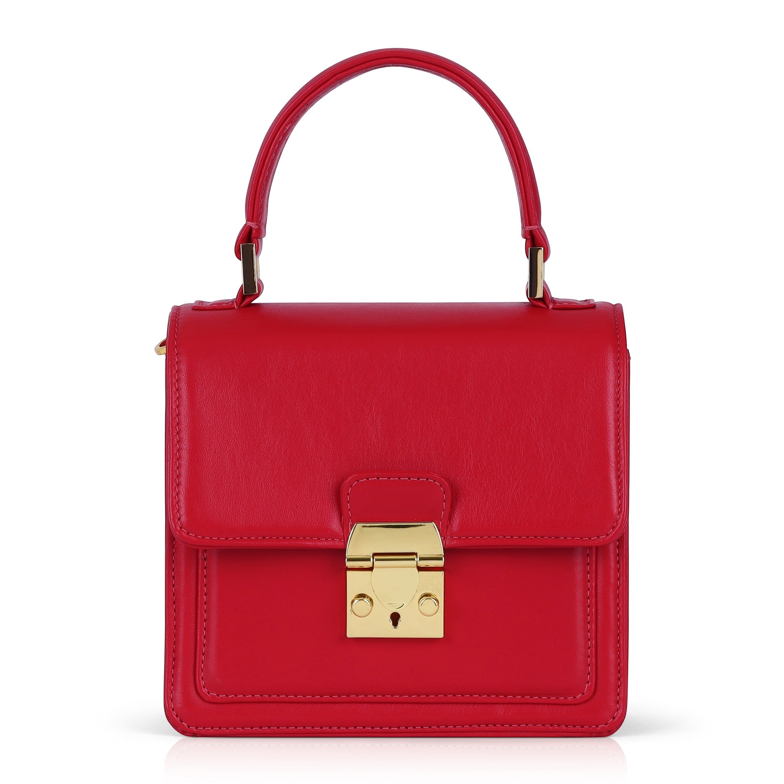 Luis Steven Madie red nappa leather small top handle bag with gold lock hardware and detachable crossbody strap