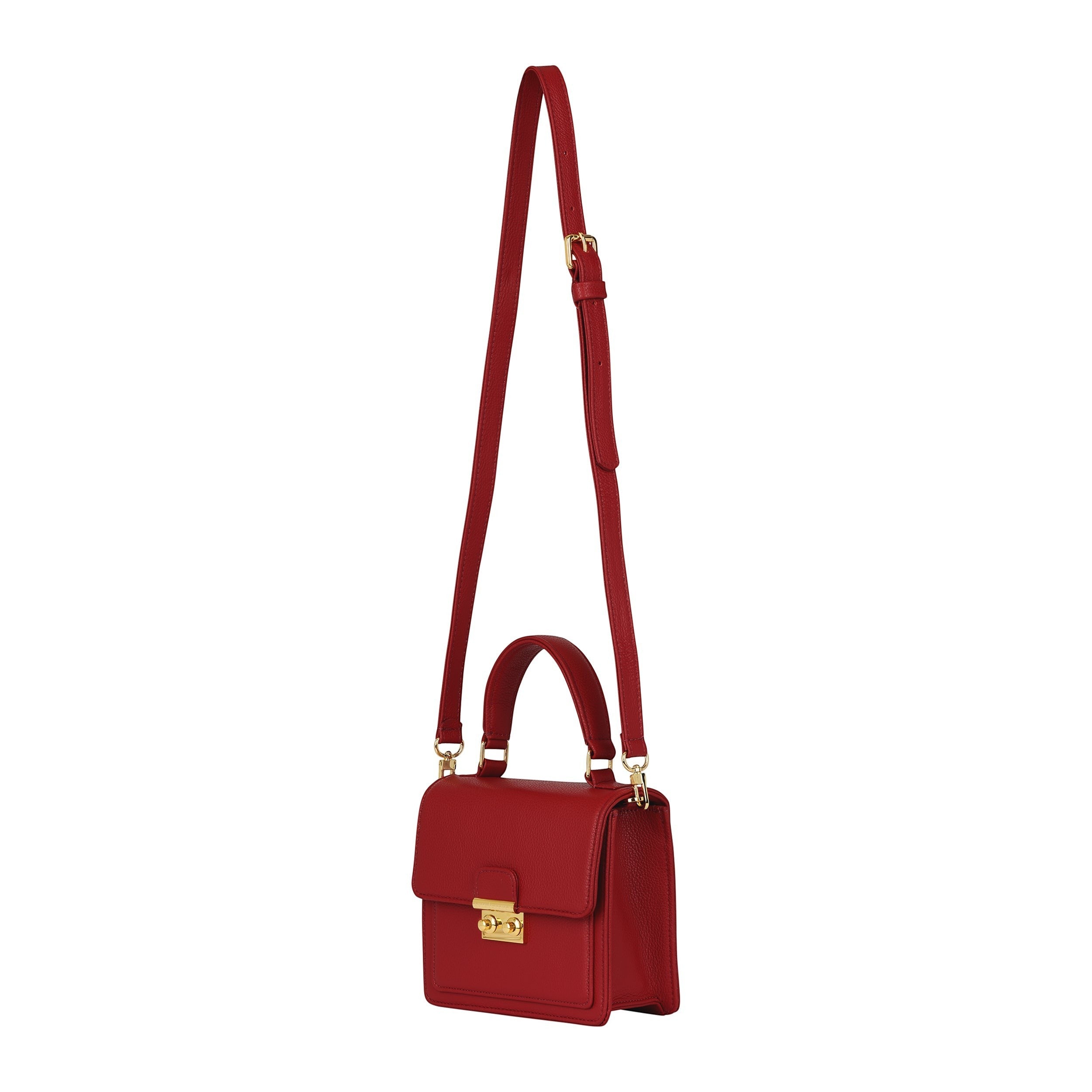 Luis Steven Madie red Italian pebble leather top handle bag with gold hardware and detachable crossbody strap
