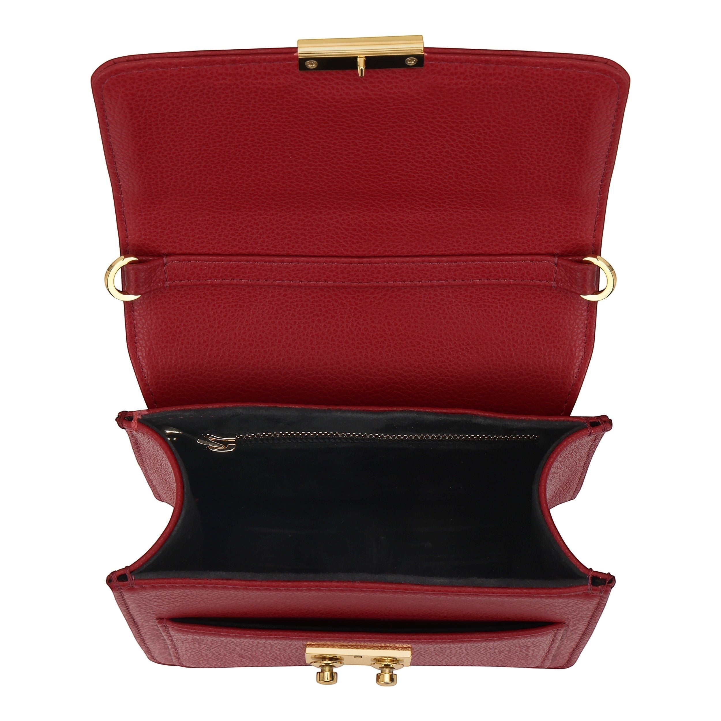 Luis Steven Madie red Italian pebble leather top handle bag with gold hardware and open interior view