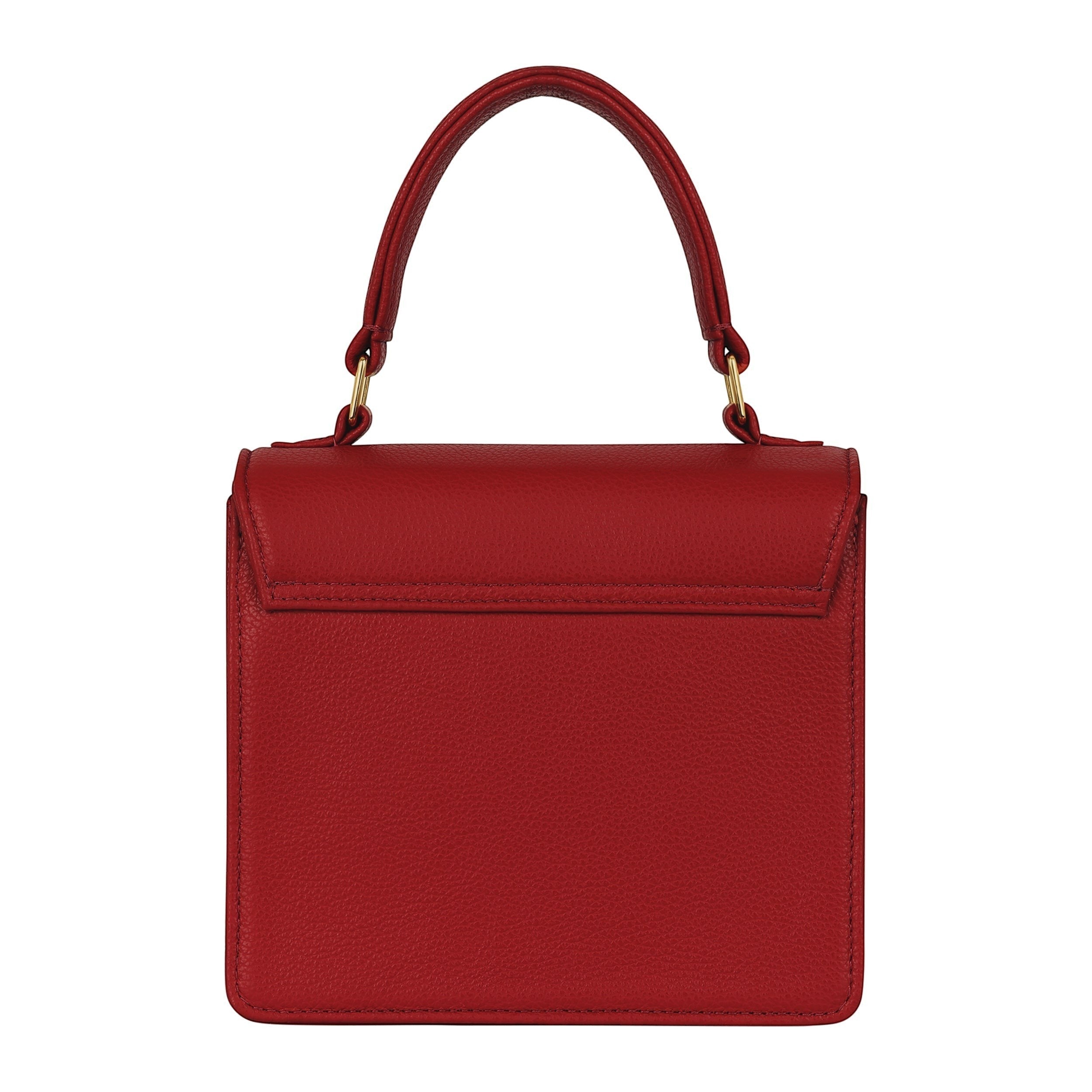 Luis Steven Madie red pebble leather top handle bag with gold hardware, back view.