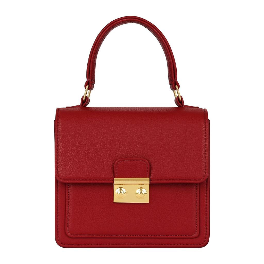 Luis Steven Madie small red pebble leather top handle bag with gold hardware and elegant lock closure