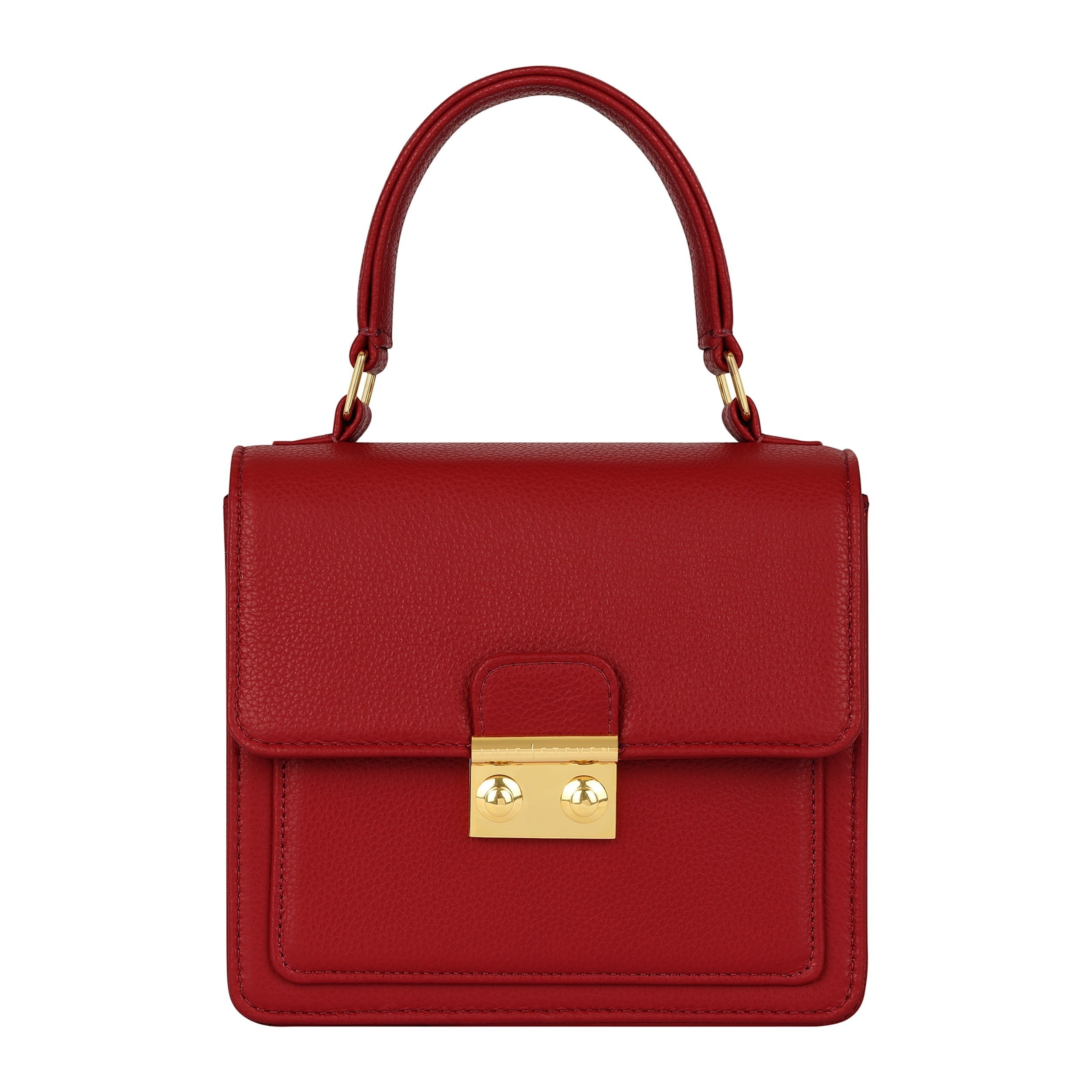 Luis Steven Madie small red pebble leather top handle bag with gold hardware and elegant lock closure