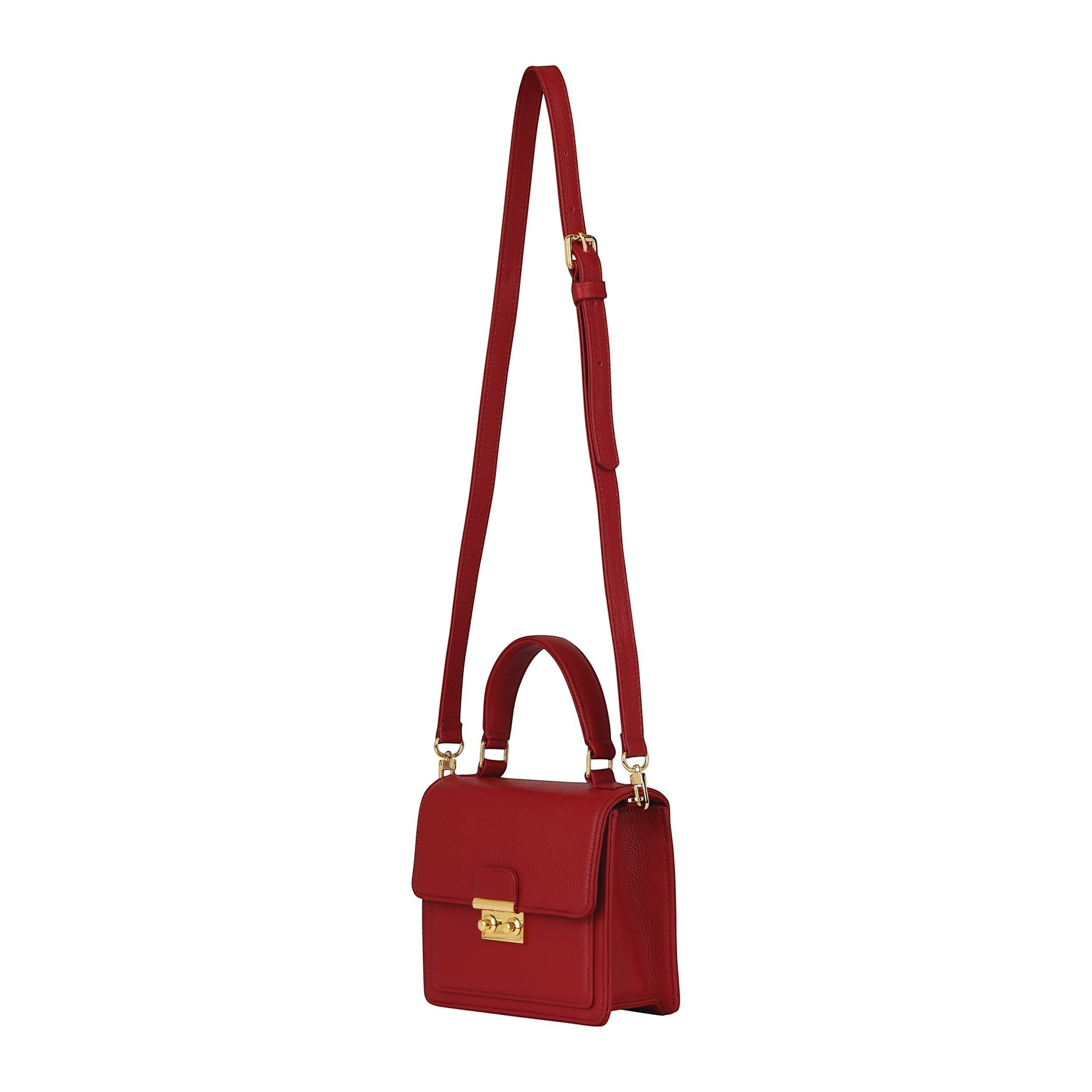 Luis Steven Madie red Italian pebble leather top handle bag with gold hardware and detachable crossbody strap