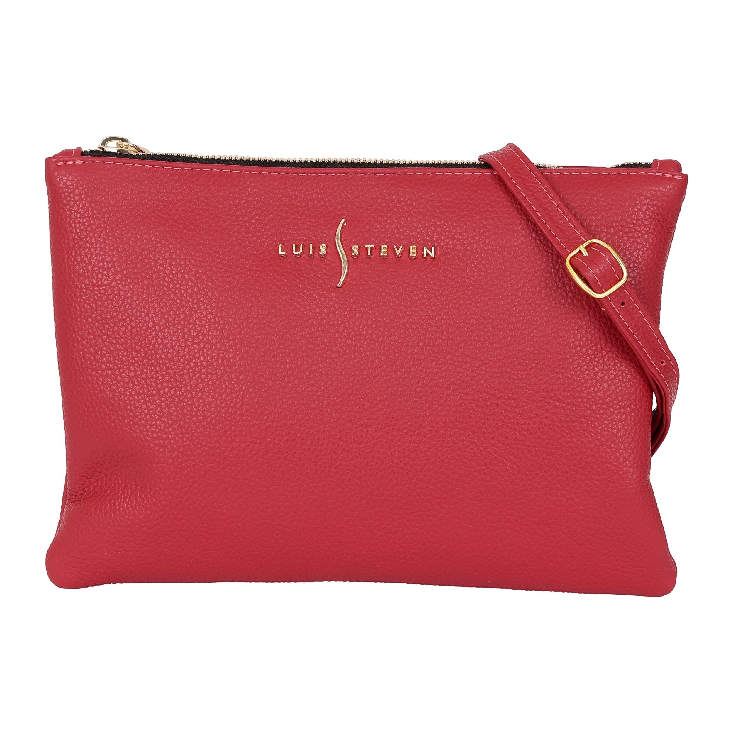 Luis Steven red Italian pebble leather crossbody pouch with gold hardware and adjustable strap