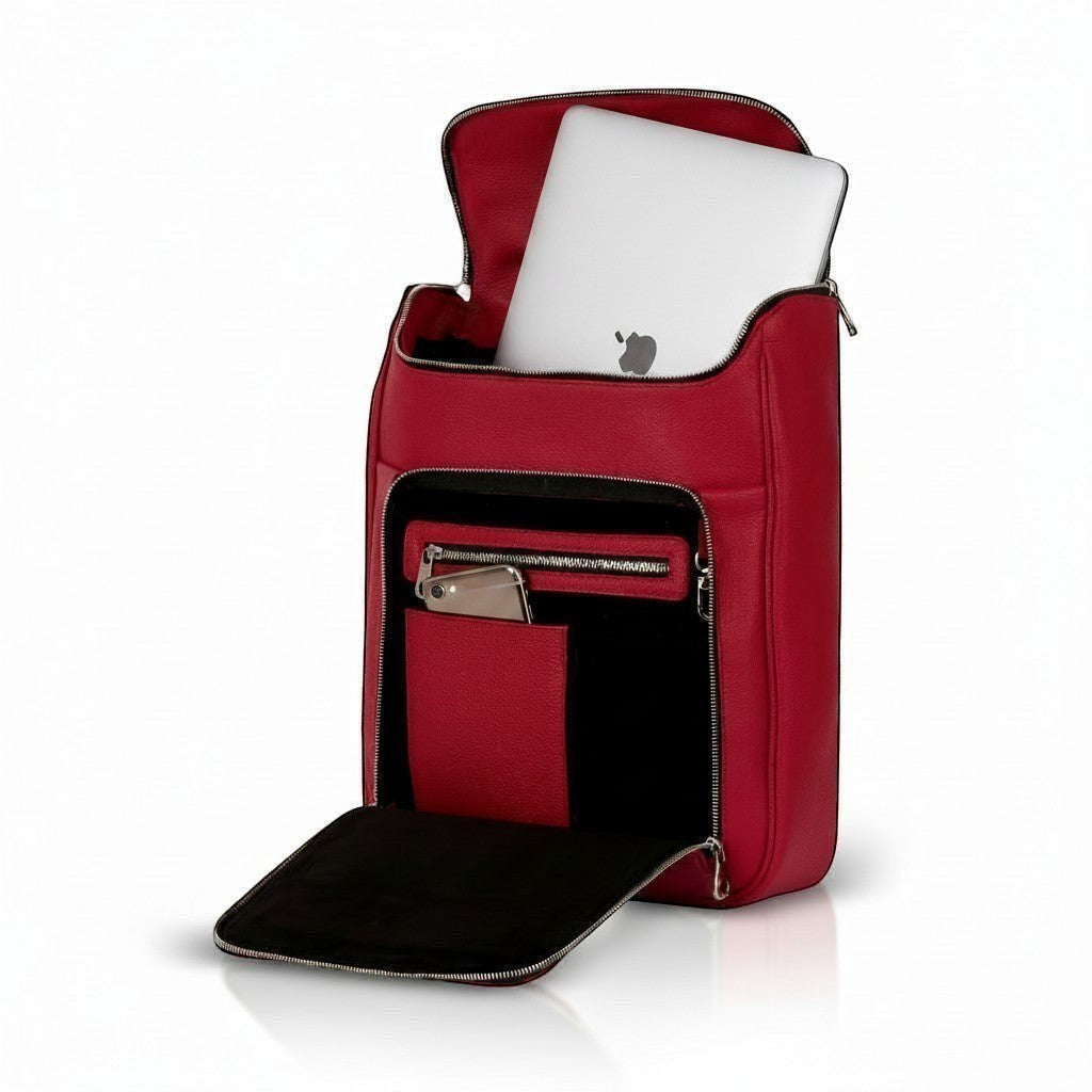 Luis Steven red pebble leather laptop backpack with interior pockets and laptop sleeve, fits up to 14.5" laptops.