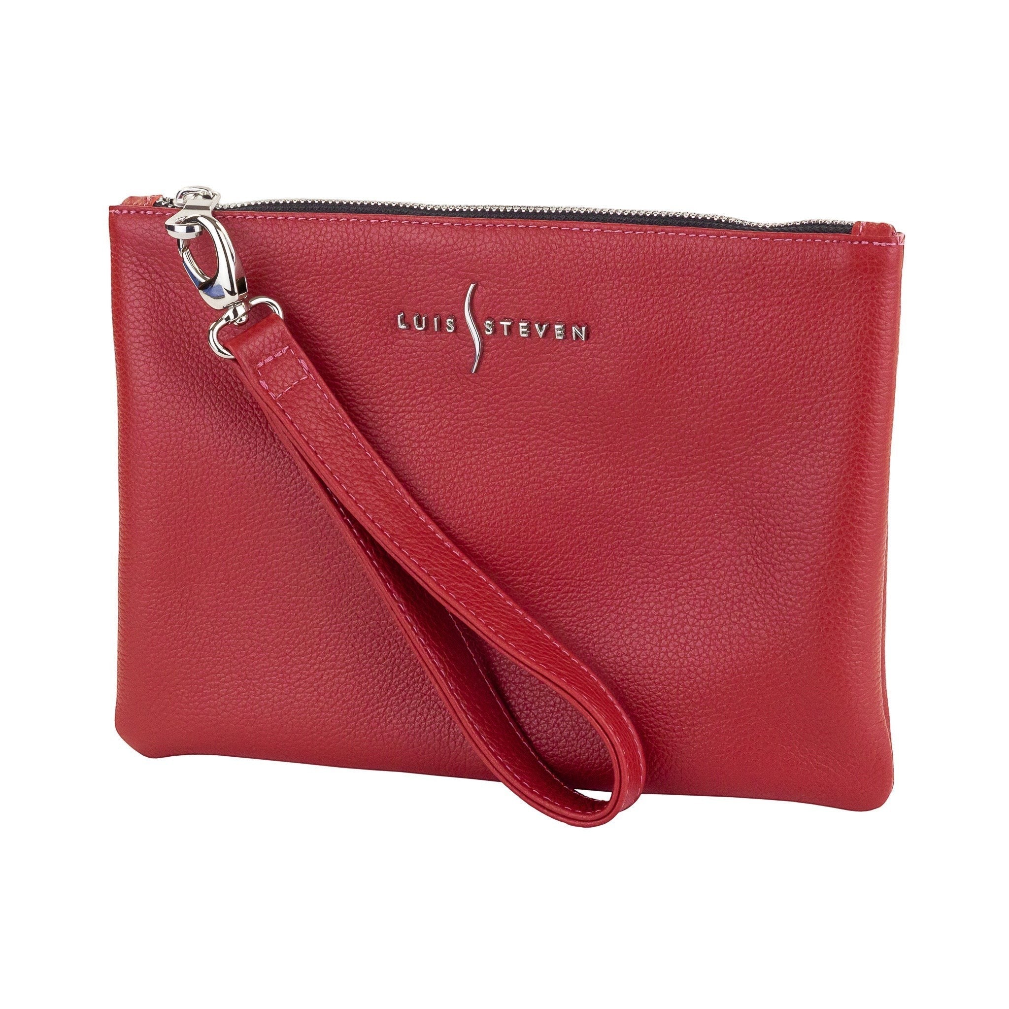 Luis Steven red Italian pebble leather crossbody pouch with a detachable wristlet and silver logo hardware
