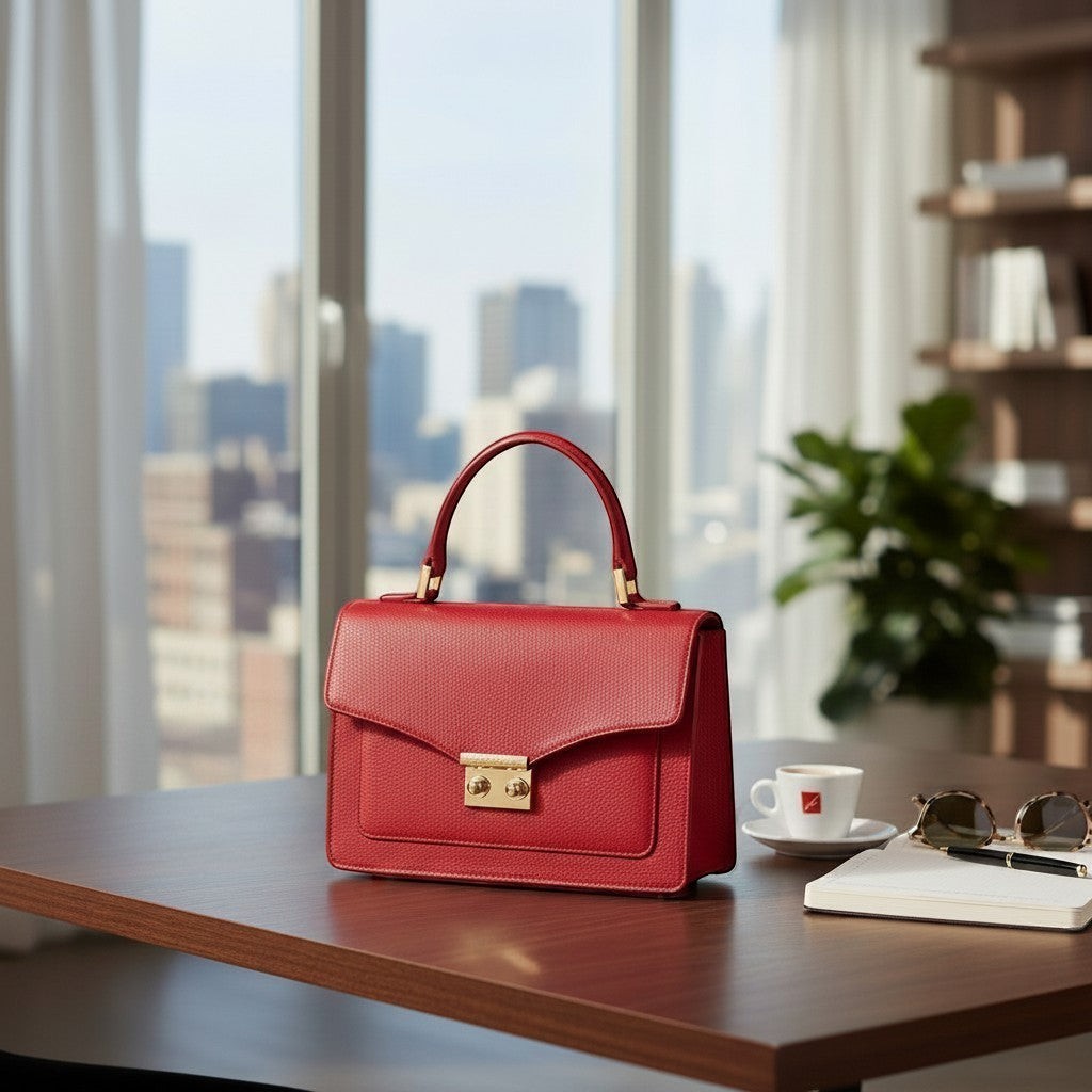 Luis Steven red pebble leather top handle bag with gold lock and removable crossbody strap.