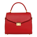 Luis Steven red pebble leather top handle bag with gold hardware and front lock closure. Versatile for crossbody wear.