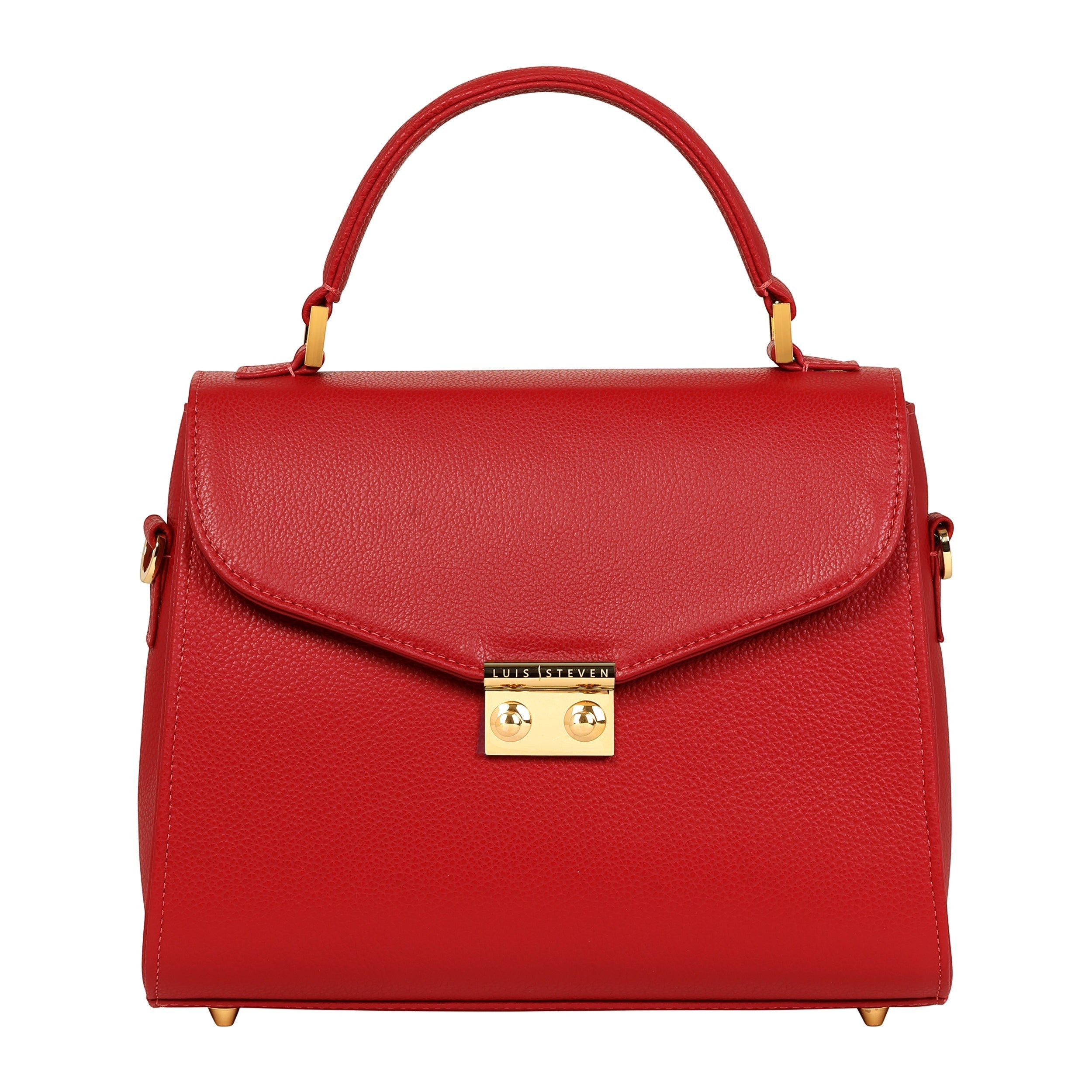 Luis Steven red pebble leather top handle bag with gold hardware and front lock closure. Versatile for crossbody wear.