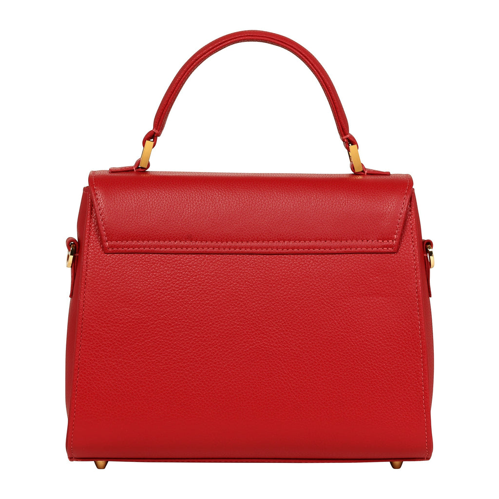 Luis Steven red pebble leather top handle bag with gold hardware and front lock closure. Made in Los Angeles.