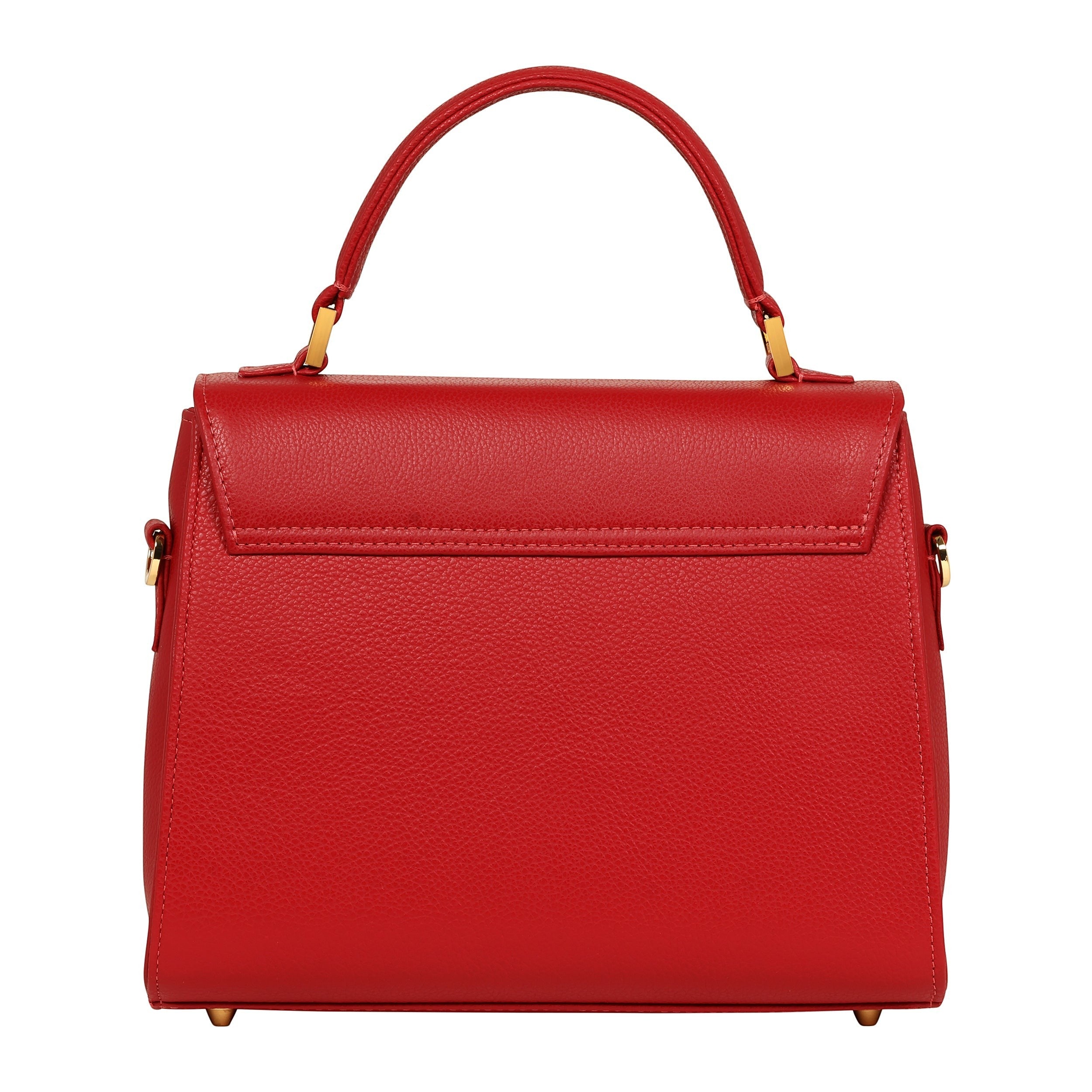 Luis Steven red pebble leather top handle bag with gold hardware and front lock closure. Made in Los Angeles.