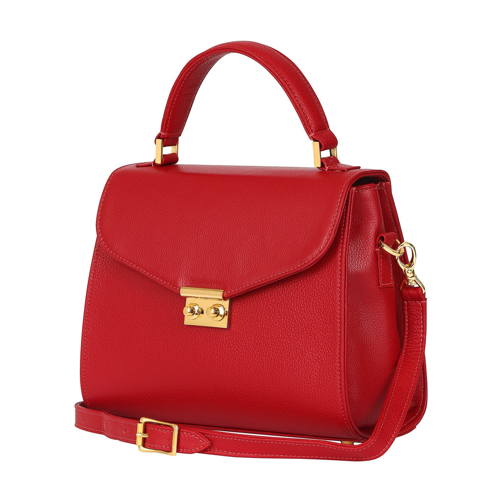 Luis Steven red pebble leather top handle bag with gold hardware and crossbody strap