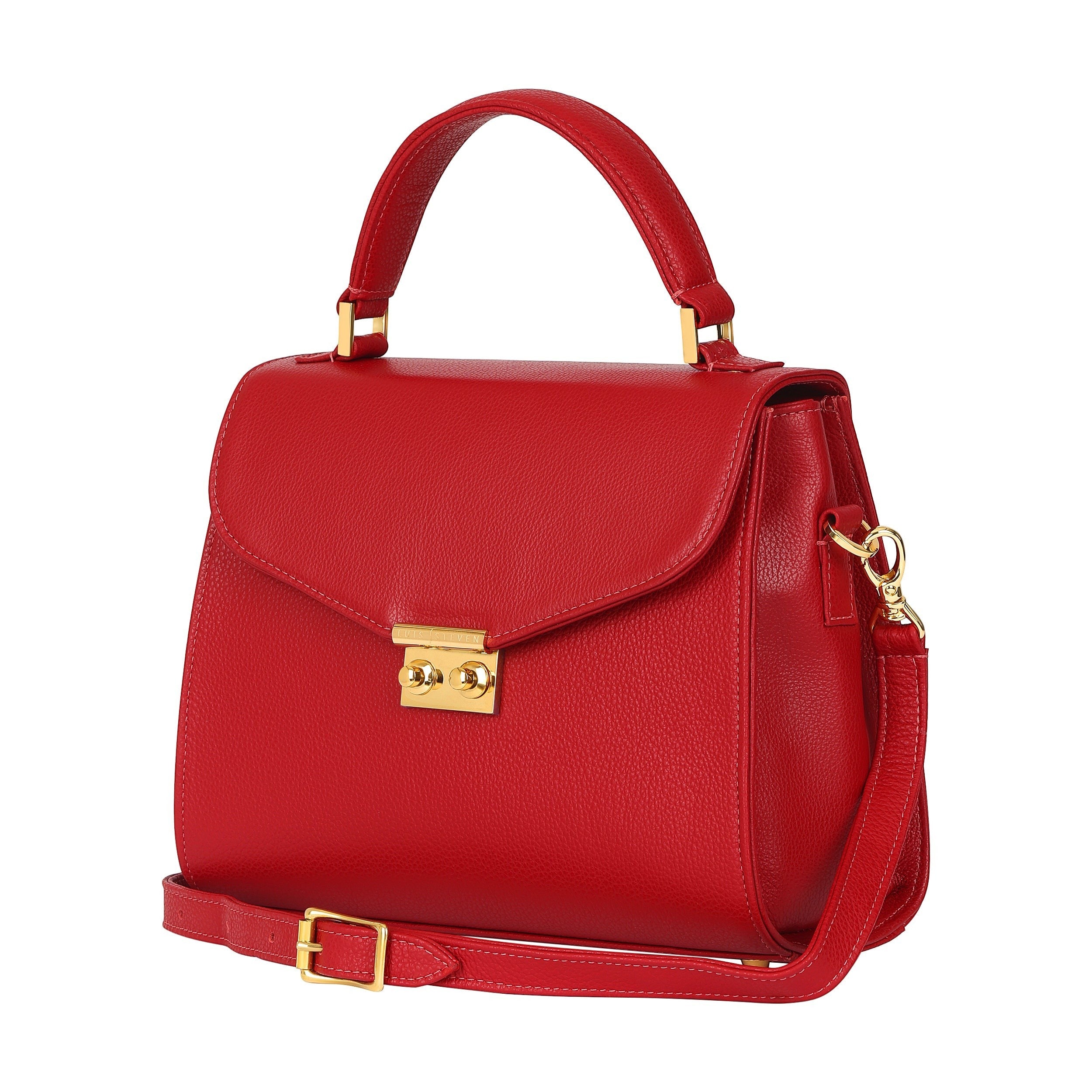 Luis Steven red pebble leather top handle bag with gold hardware and crossbody strap