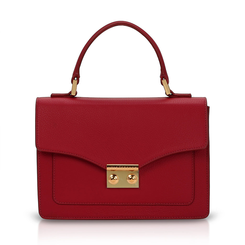 Luis Steven red pebble leather top handle purse with gold hardware and lock closure. Includes removable crossbody strap.