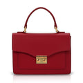 Luis Steven red pebble leather top handle purse with gold hardware and lock closure. Includes removable crossbody strap.