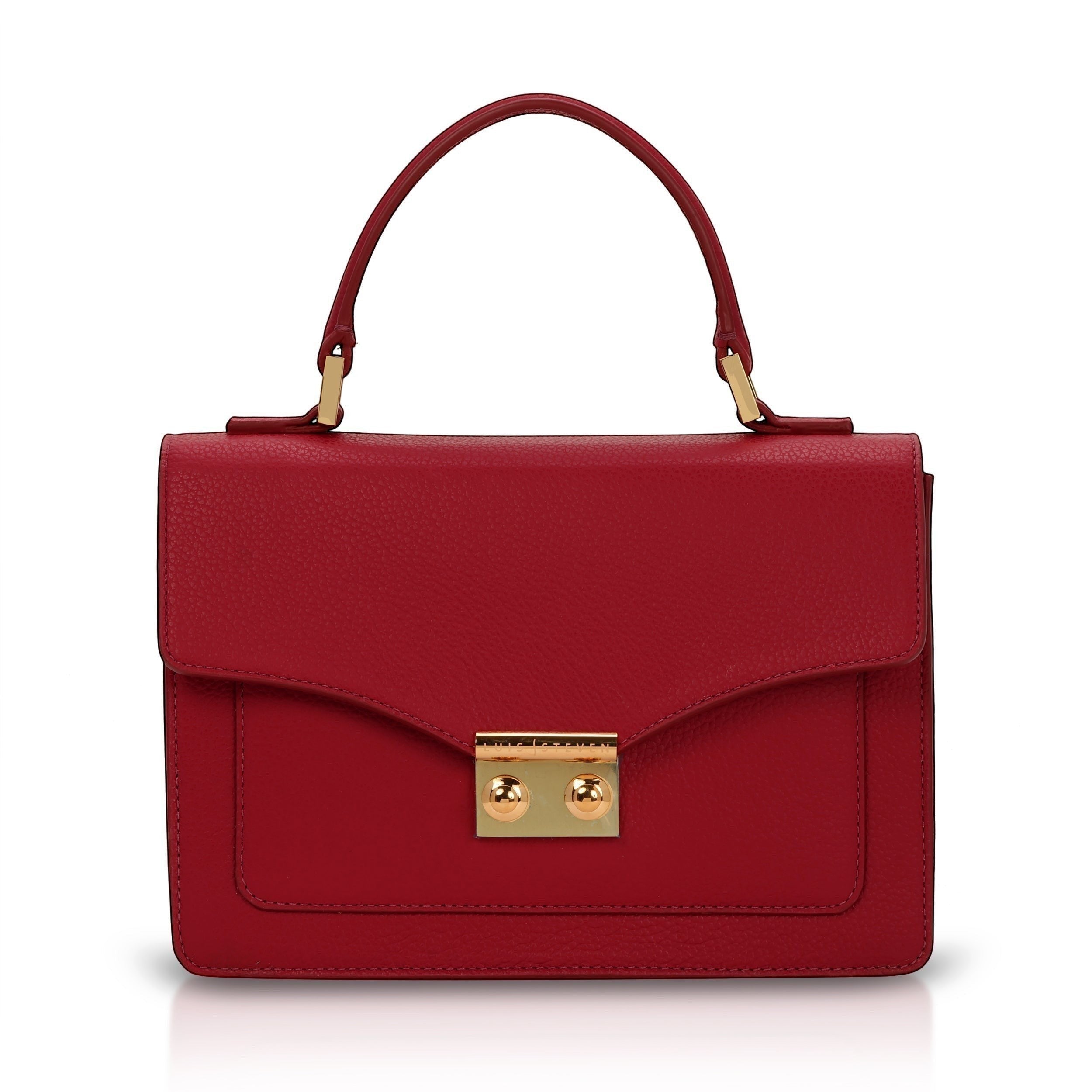 Luis Steven red pebble leather top handle purse with gold hardware and lock closure. Includes removable crossbody strap.