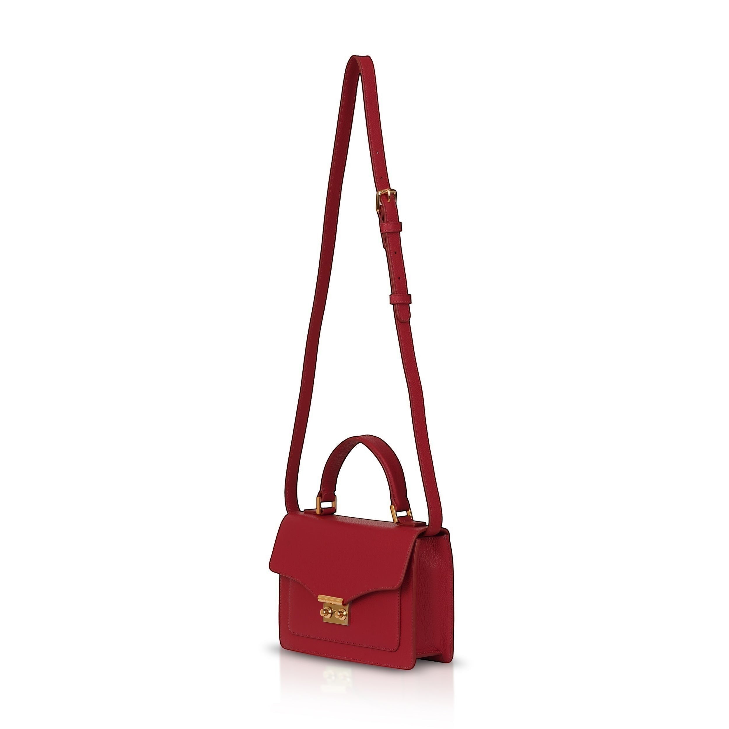Luis Steven red pebble leather top handle purse with crossbody strap and gold lock closure.