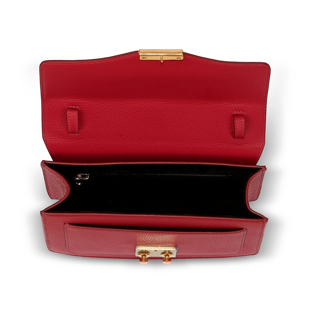 Luis Steven red pebble leather top handle purse with gold lock and removable crossbody strap.