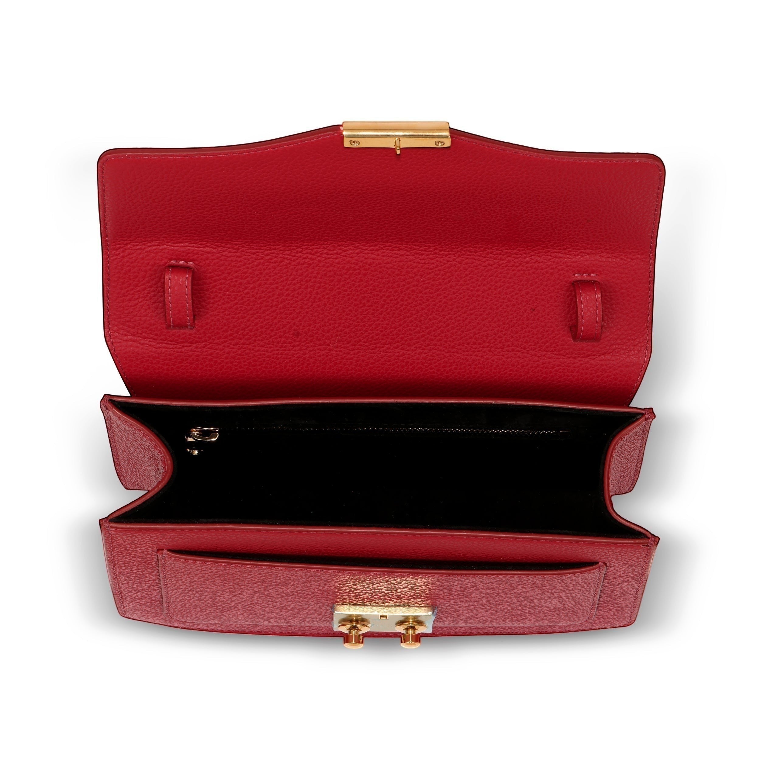 Luis Steven red pebble leather top handle purse with gold lock and removable crossbody strap.