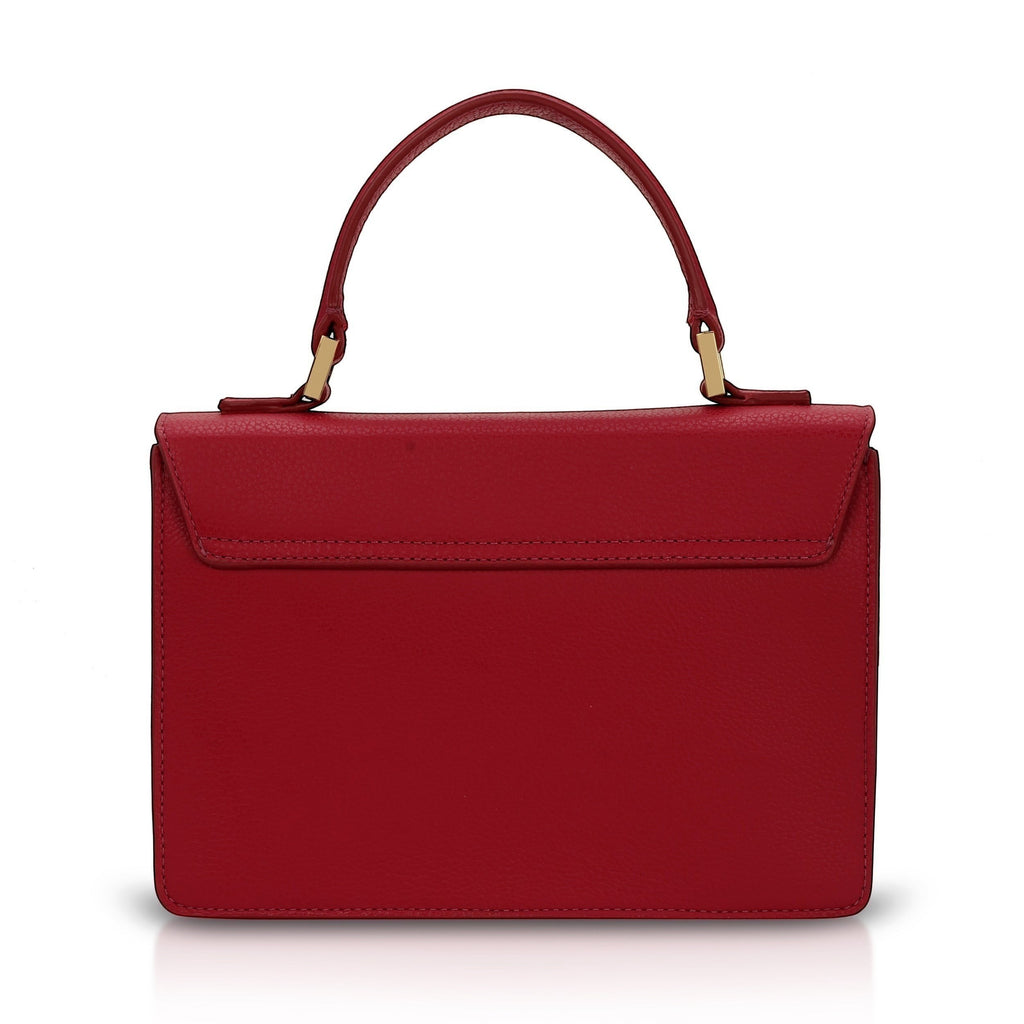 Luis Steven red pebble leather top handle purse with gold hardware and removable crossbody strap.