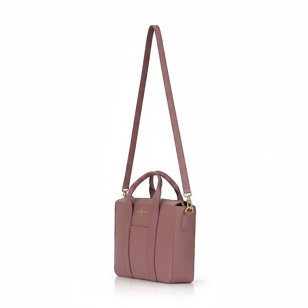 Luis Steven Slim Totebrief in rose Italian pebble leather with gold hardware, top handles, and adjustable strap.