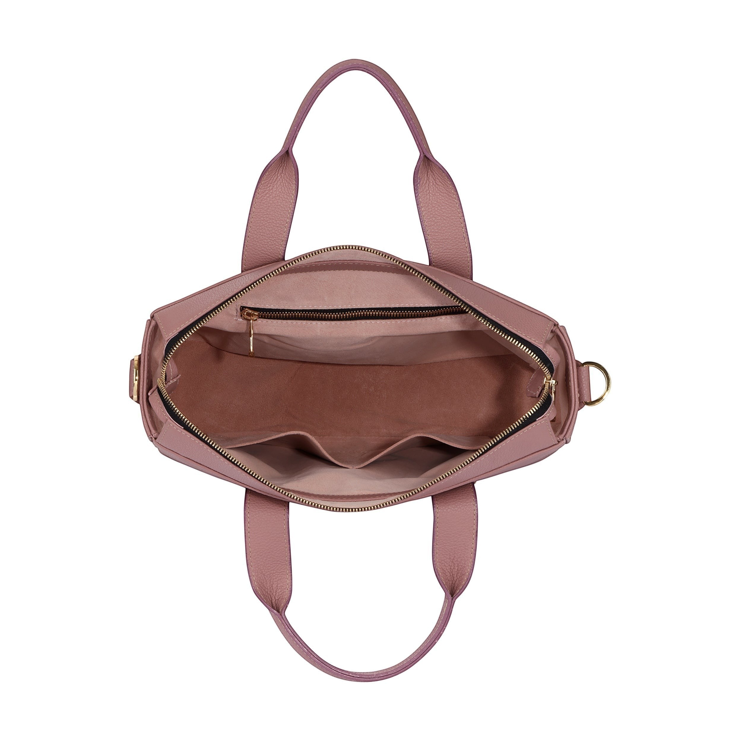 Luis Steven Slim Totebrief in rose pebble leather with suede lining, gold hardware, and interior organizational pockets