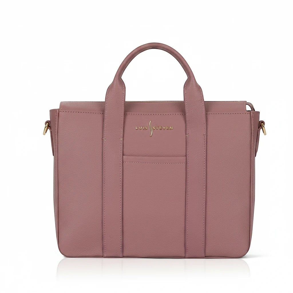Luis Steven rose Italian pebble leather Slim Totebrief with gold hardware and front pocket