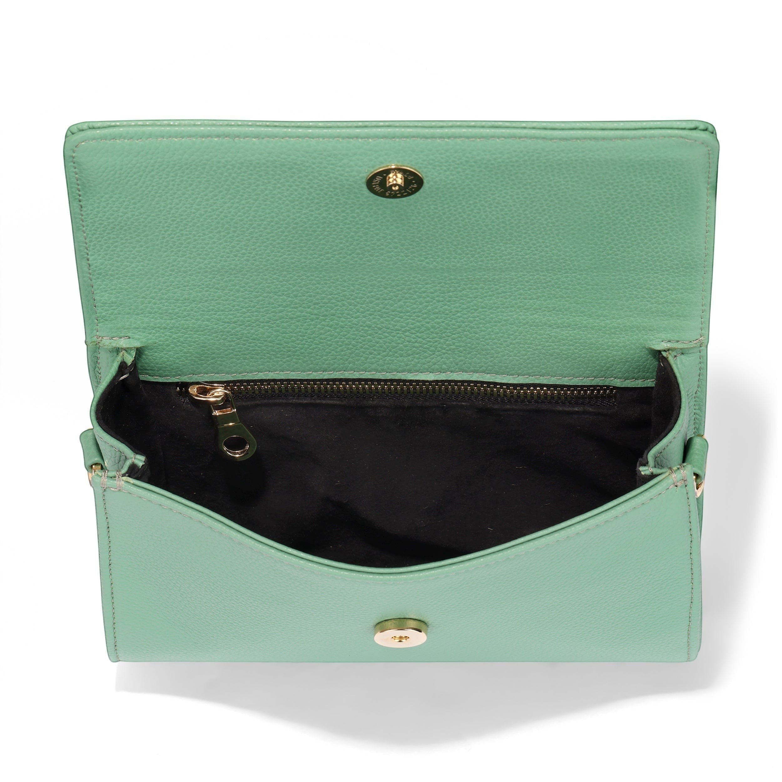Luis Steven sage green pebble leather Charley crossbody bag with gold hardware and magnetic closure.