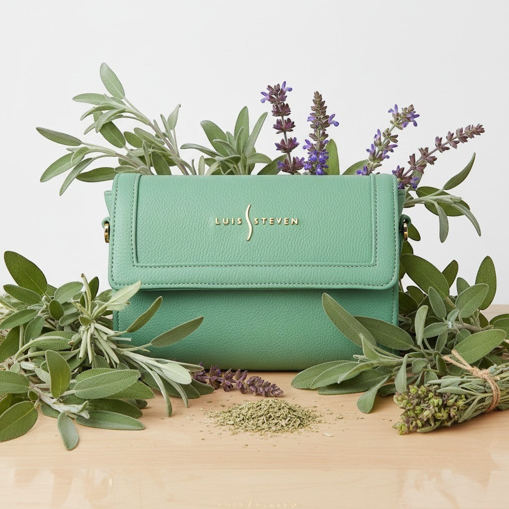 Luis Steven sage green pebble leather crossbody bag with gold hardware and magnetic flap closure, surrounded by sage and lavender.