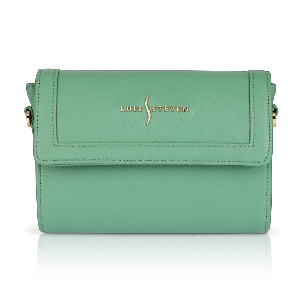 Luis Steven sage green pebble leather Charley crossbody bag with gold hardware and magnetic flap closure.
