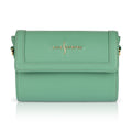 Luis Steven sage green pebble leather Charley crossbody bag with gold hardware and magnetic flap closure.