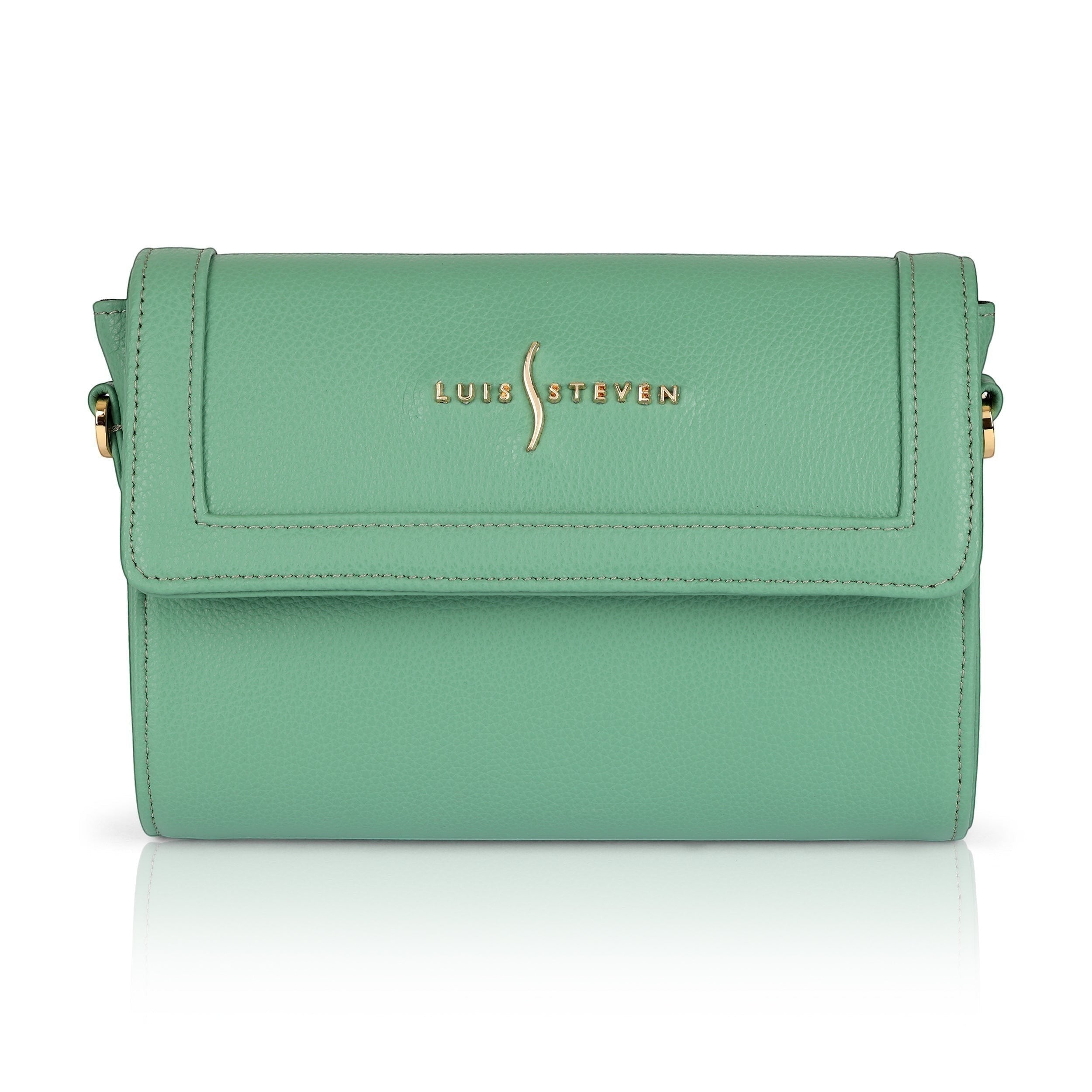 Luis Steven sage green pebble leather Charley crossbody bag with gold hardware and magnetic flap closure.