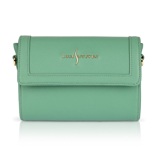 Luis Steven sage green pebble leather Charley crossbody bag with gold hardware and magnetic flap closure.