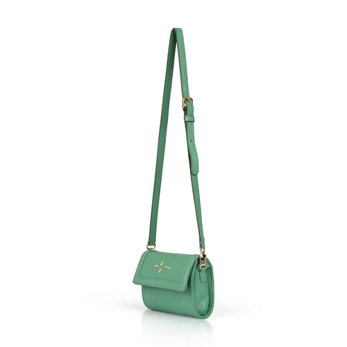 Luis Steven sage green pebble leather crossbody bag with gold hardware and adjustable strap.