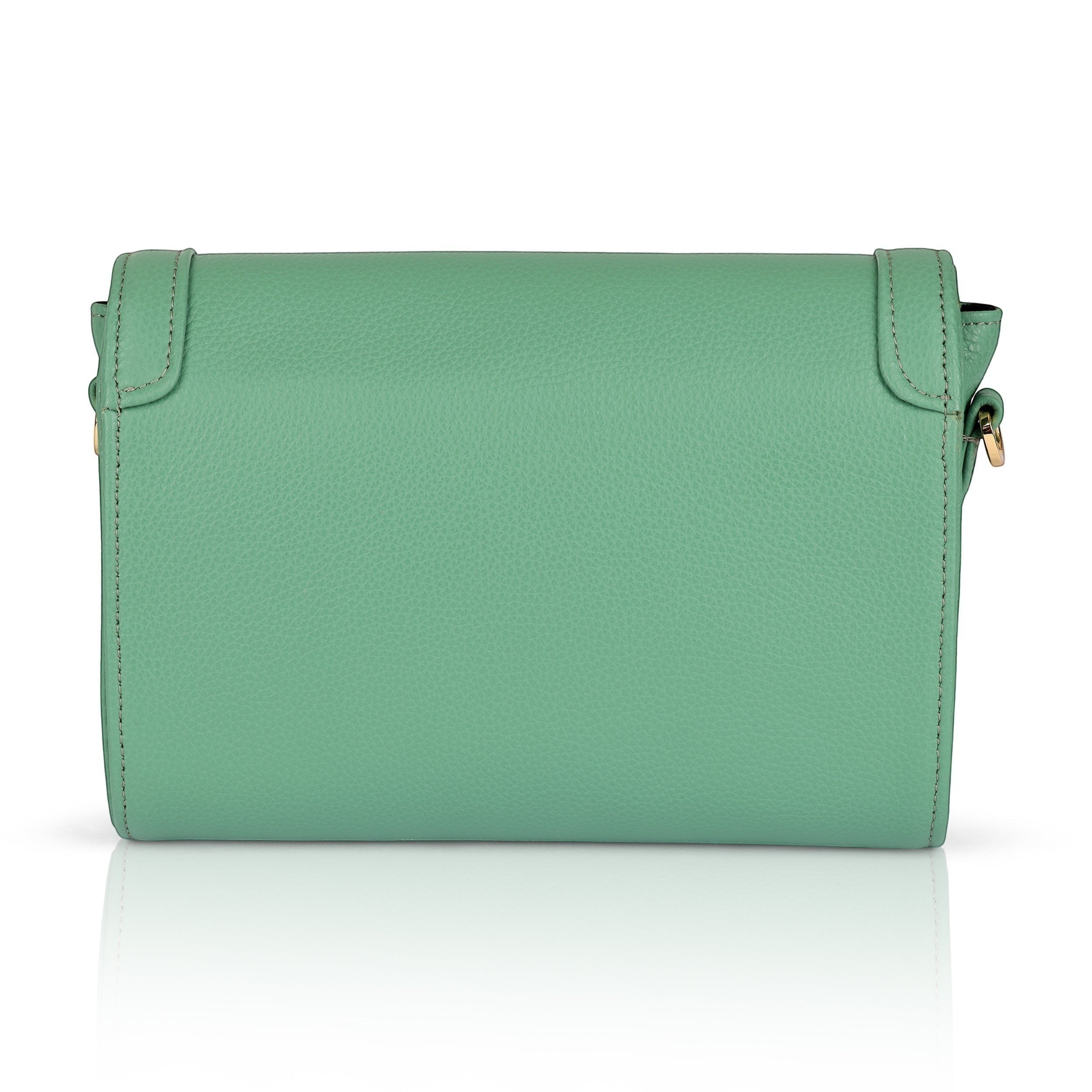 Luis Steven sage green pebble leather crossbody bag with gold hardware and flap closure.