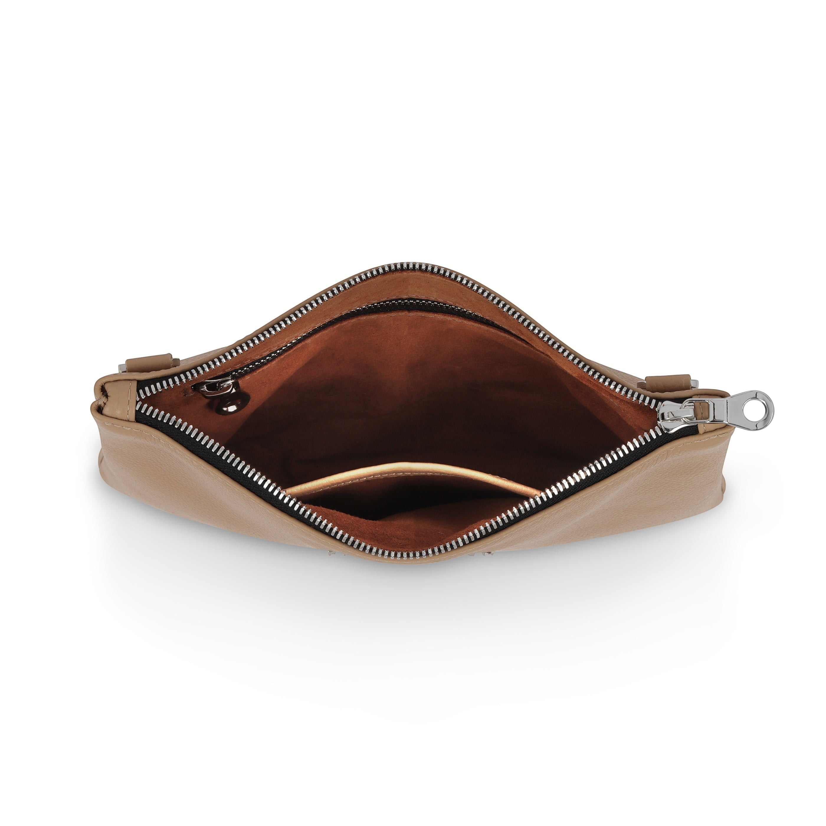 Luis Steven sand pebble leather crossbody pouch interior view with suede lining and pockets